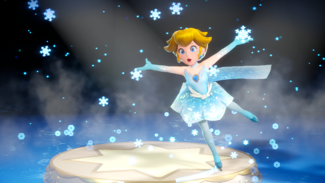 Peach in ihrem Eiskunstlauf-Kostüm in Princess Peach: Showtime! von Nintendo, Good-Feel und Etsunobu Ebisu für die Nintendo Switch
