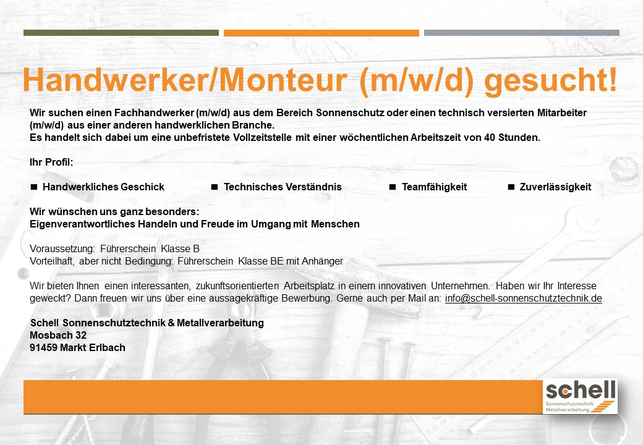 Mitarbeiter Gesucht Schell Sonnenschutztechnik Metallverarbeitung