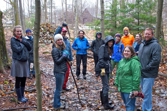David Sobel's Place-based Education class ready to build build the first play area elements in White Rock Woods nature play area on Distant Hill Nature Trail.
