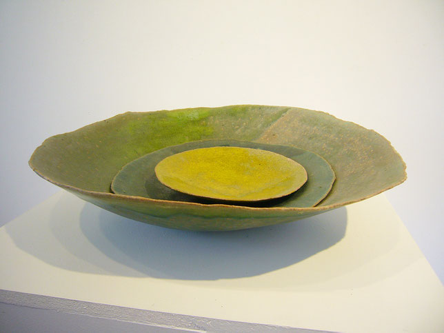 Trois Coupe Feuilles- grande verte: dia.38cm(+/-),  petite (bleu):26cm(+/-) and mini vert mousse:16.5cm(+/-) / Sold (Private collection in Dordrecht))