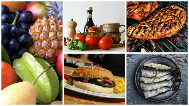 verschiedenes Essen; Früchte, Fleisch, Fisch , Gemüse, Burger