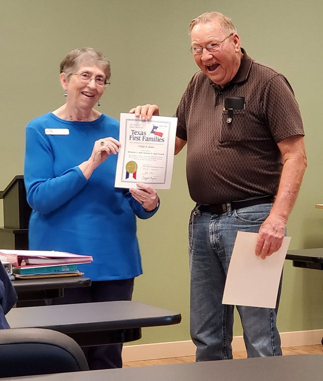 Phyllis Brown presents a "Texas First Families" heritage certificate to Virgil Jones, June 2019