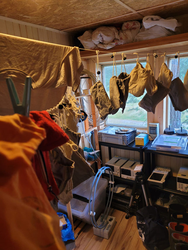 Bad weather: Inside of our huts, bat bags are drying after regular cleaning.