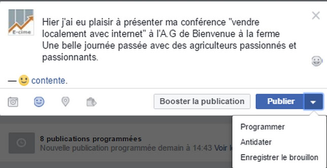 programmer un article sur sa page professionnelle facebook avec e-cime.fr