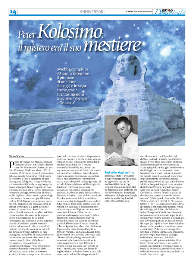 Secolo Domenicale 18/11/2012 - Articolo su Peter Kolosimo