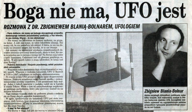 Un ritaglio stampa, al centro, una rappresentazione della navicella spaziale che Jan Wolski ha affermato di aver visto a Emilcin