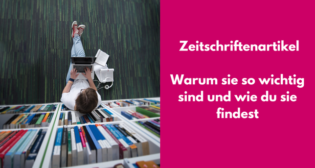Junge Frau mit Büchern und Laptop. Bezeichnt: Zeitschriftenartikel: Warum sie so wichtig sind und wie du sie findest