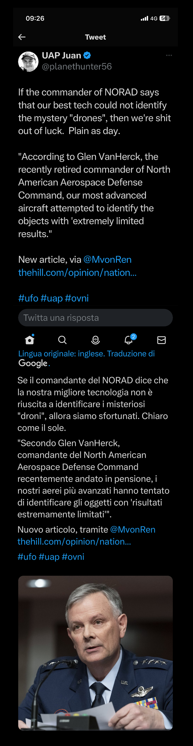 Dichiarazioni dell'ex comandante del Norad