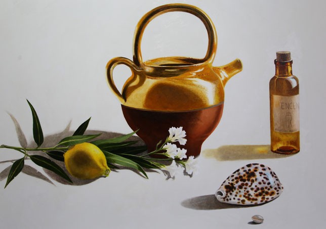 peinture-hyperrealisme-nature-morte-cruche-jaune-coquillage-citron-flacon-roussel-meric