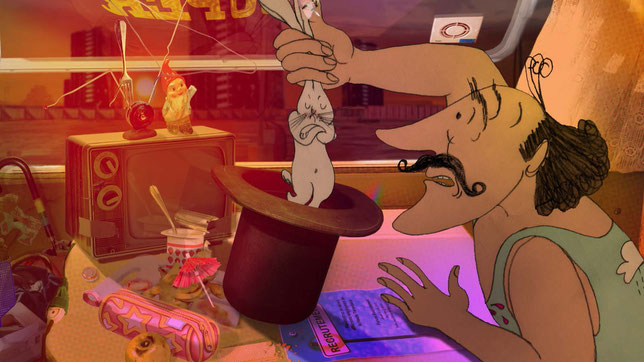 La magicien Popolo fait des tours avec un lapin mais va rater son coup avec sa fiancée Amabilé (©Jour2Fête Distribution).