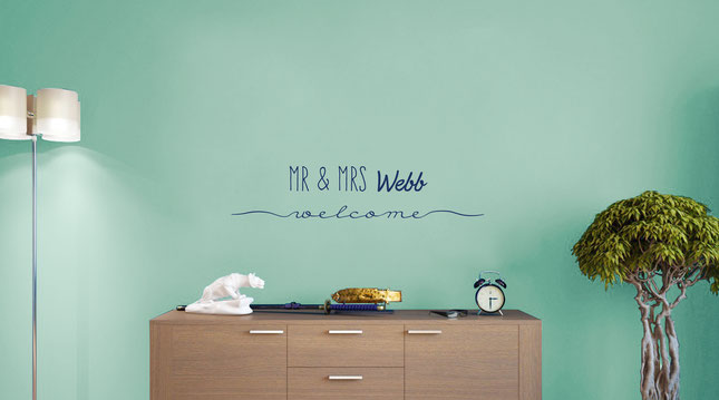 Mr & Mrs Webb welcome vinyl wall art sticker. A perfect gift for a newly married couple on their wedding day. Add your own last name for personalised wall art that will wow your friends and remind you of your special day. From wallartcompany.co.uk