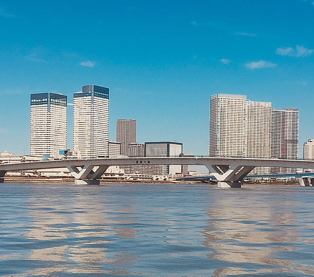 豊洲ぐるり公園側から見た豊洲大橋とその向こうの風景写真