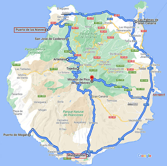 Itinéraire sur la carte de Grande Canarie