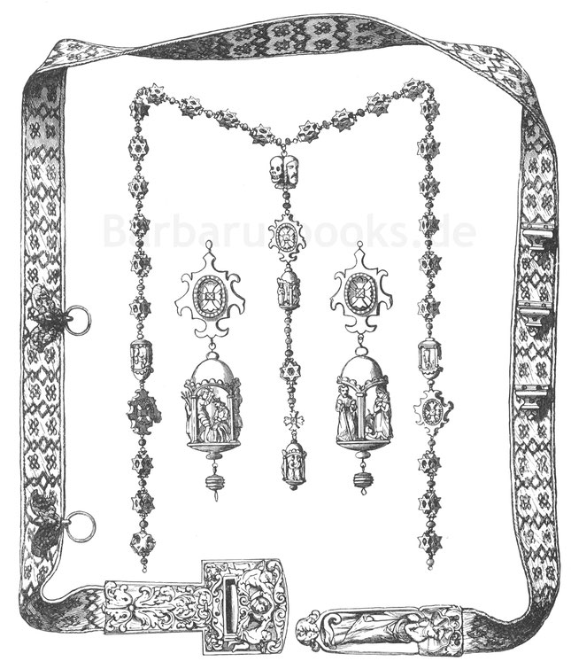 Abb. 257. – Geschnitzter Perlenkranz und Gürtel einer Äbtissin aus Elfenbein (16. Jahrhundert). Sammlung von M. Achille Jubinal.