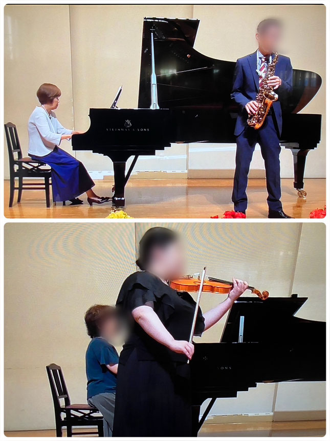 （上）保護者の方のサックス演奏。（下）サポートしてくれた友人のお嬢さんのヴァイオリン演奏。