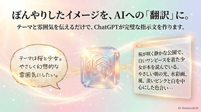 テーマと雰囲気が決まったら、  ChatGPTに画像生成用のプロンプトを作ってもらいます。