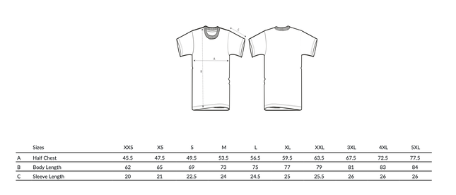 Größentabelle für Gude Rhoihesse Shirt mit Maßangaben für Brustweite, Länge und Ärmel von XS bis 5XL