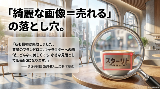 背景にブランドロゴが入っていたり、  有名キャラクターを思わせるデザインになっていたりして、  販売できない作品が何枚もありました。