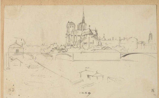 Paul (Pawel) MERWART (1855- 1902) Chevet de Notre Dame de Paris, 1889 Crayon sur papier, daté et située N.D. 15,3 x 24 cm, galerie agnes thiebault, paris 