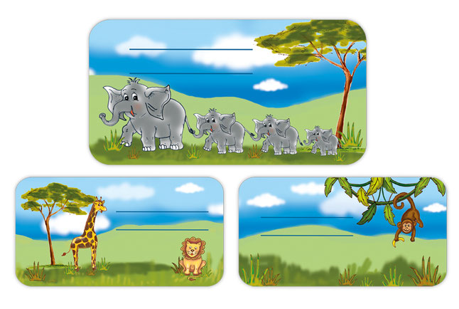 Schulaufkleber mit handgemalten Motiven: Elefanten, Giraffe, Löwe und Äffchen