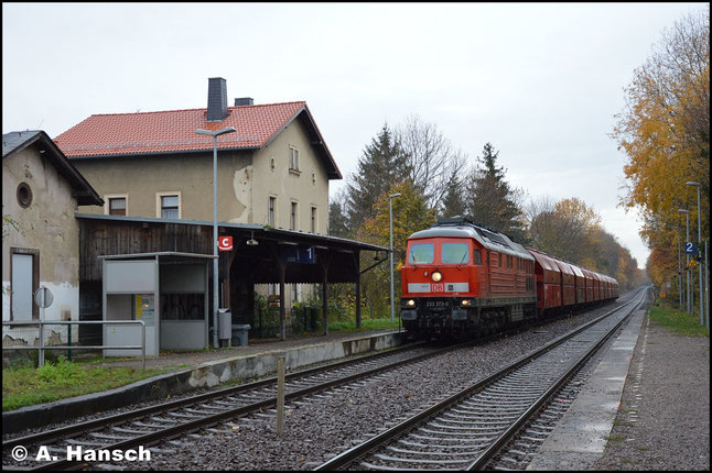 Am 13. November 2018 treffe ich die Lok am Gipszug nach Küchwald in Wittgensdorf-Mitte an. Der DB-Keks wurde erneuert, dennoch ist ihr Ende nah. Anfang Dezember wird die Lok z-gestellt