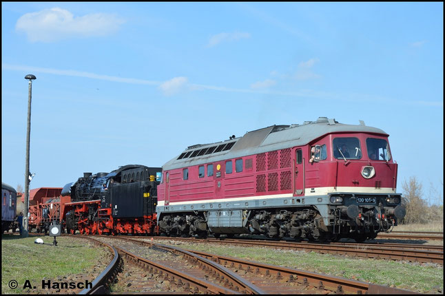 Am 30. März 2019 macht 130 101-9 am Fotogüterzug des Bw Staßfurt eine gute Figur