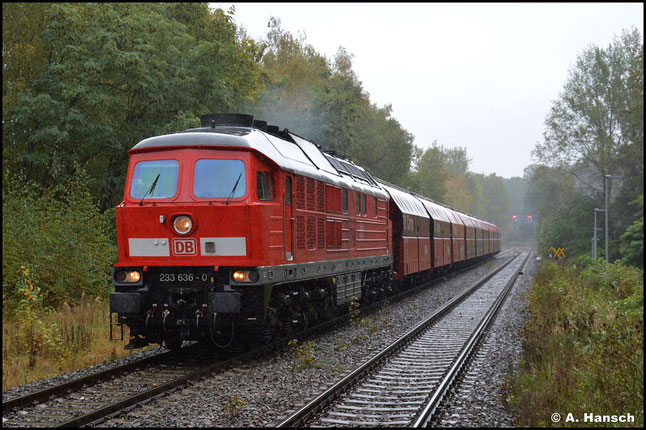 Der 14. Oktober 2021 zeigte sich mit echtem Herbstwetter: Nass und kalt. Jedoch schreckte mich das nicht ab, 233 636-0 mit dem Leergips bei der Ankunft im Chemnitzer Küchwald abzupixeln