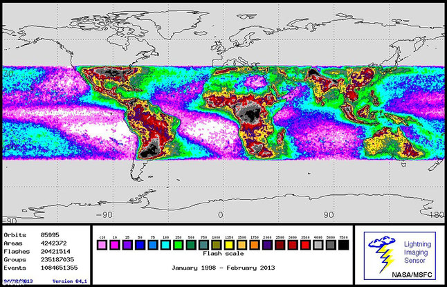 This comparable Nasa map shows global lightning strikes from January 1998 to 2013 from the NASA/MSFC Lighting Imaging Sensor