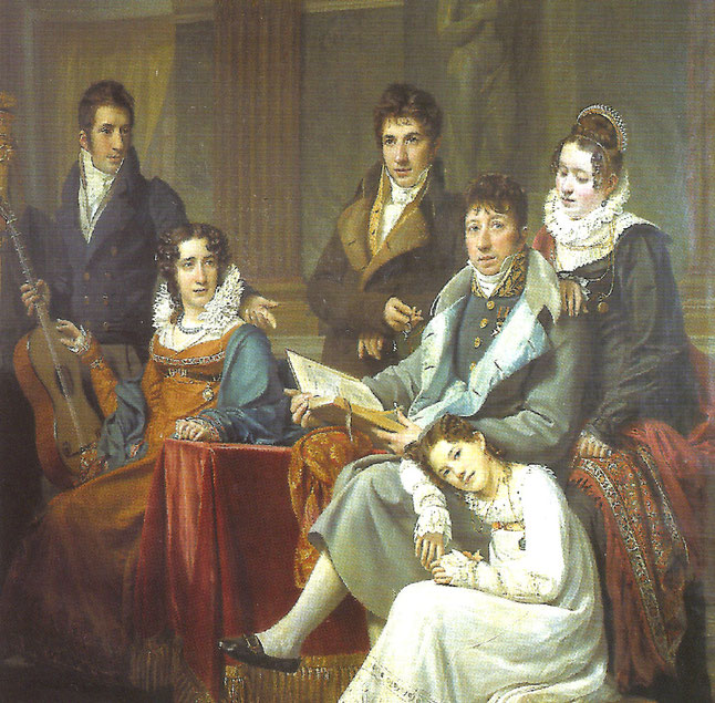 A droite : François-Joseph Meeûs (1765-1821) alors veuf de Marie-Thérèse van der Borcht avec ses cinq enfants, de gauche à droite Pierre, le fils aîné, Marie-Françoise...