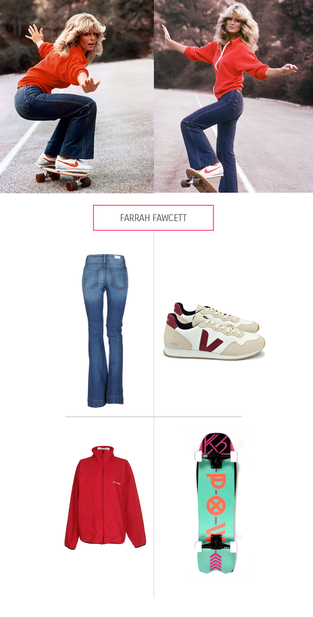 Style von Farrah Fawcett aauf dem Skateboard aus Fair Fashion