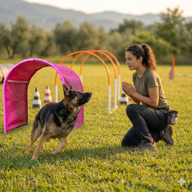 Cane concentrato mentre esce dal tubo corto nel percorso di Hoopers, utilizzato come attività per il recupero comportamentale e l'autostima del cane.