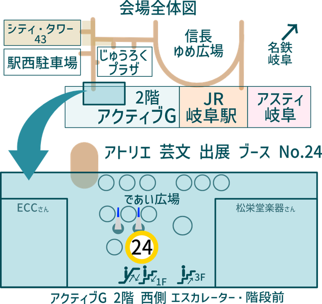 出展ブースのご案内図 アクティブG 2階 西側 エスカレーター・階段前にて出展しております