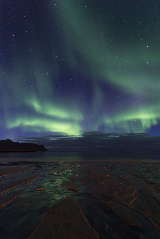 Aurora Borealis, Northern Lights at Ramberg Beach, Lofoten Islands, Reflection in the Sand, Norway, 1220x1820px