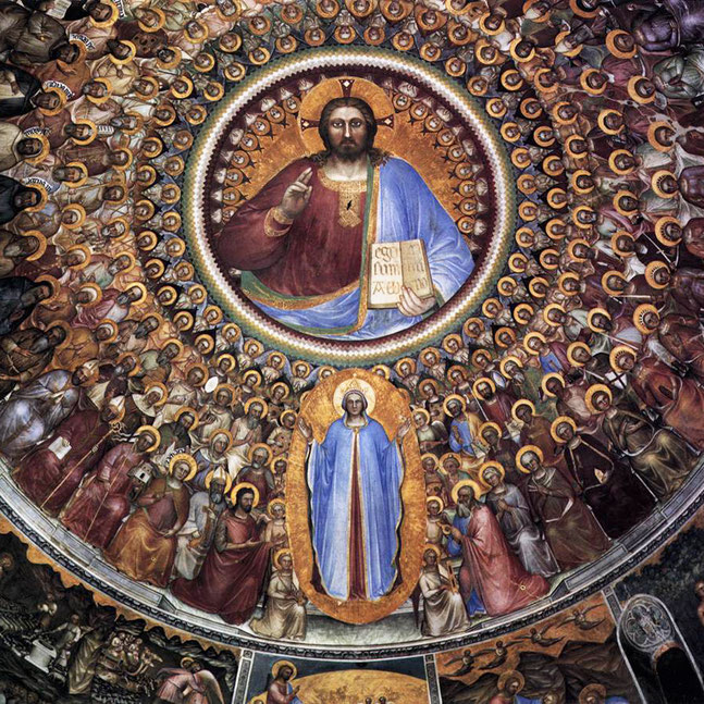 世界遺産「パドヴァの14世紀フレスコ作品群」、パドヴァ大聖堂洗礼堂のクーポラ部分のフレスコ画。上の人物がイエス、下がマリア、イエスの周りは天使、マリアの周りにいるのは諸聖人