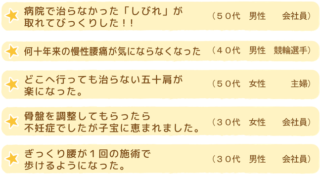 しびれが治った。慢性腰痛が完治。五十肩が完治。不妊症が治った。ぎっくり腰完治