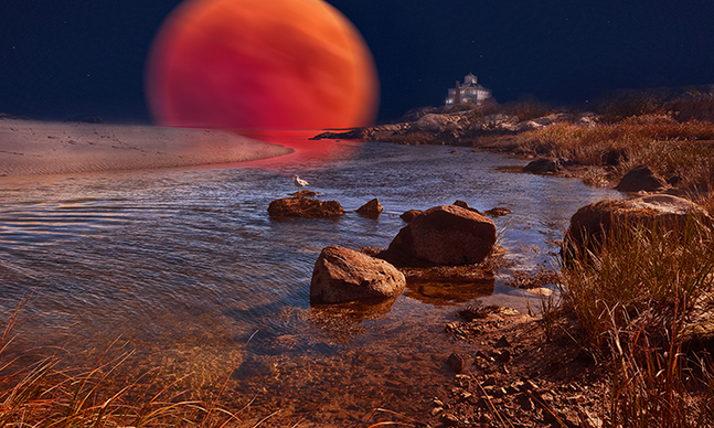 The picture is a photo collage from 2 photos. It shows a night scene with a threateningly large moon over Good Harbor Beach in Gloucester Massachusetts. 