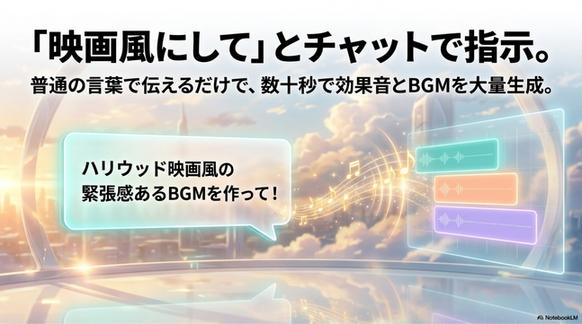 「ハリウッド映画のような緊張感のあるBGMを作ってください」  と入力。    すると、 動画に合わせたBGMが自動生成されました。    実際に聞いてみると、 かなり雰囲気が良かったです。