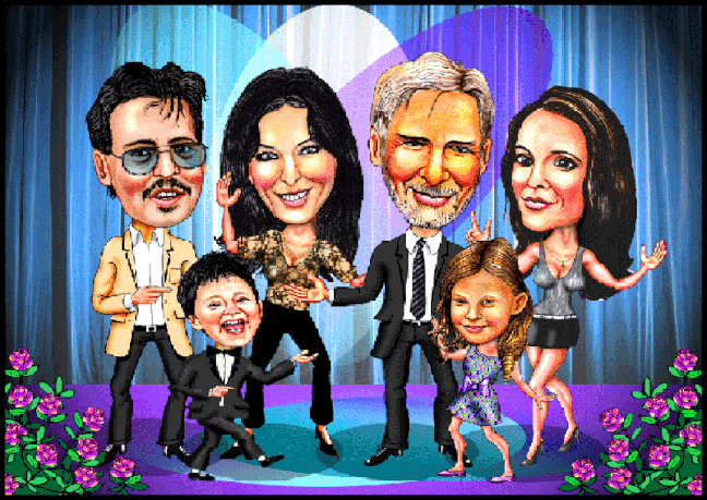 Karikaturen zeichnen lassen. Jonny Dwpp, Catherine Zeta-Jones. Harrison Fordund Julia Roberts.