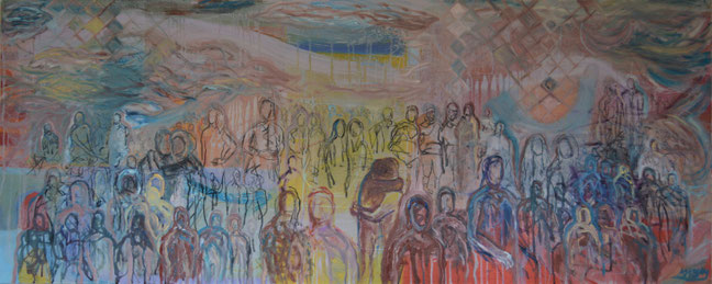"Timeline - The Embrace", 2017, 150 cm by 50 cm, Mixed Media - Charcoal, Ink, and Oil paint on Canvas.