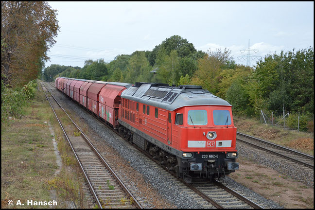 233 662-6 ist eine Nürnberger Lok. Am 08. Oktober 2020 kam sie ungewöhnlicherweise am Gipsleerzug Großkorbetha - Chemnitz-Küchwald zum Einsatz. Hier eilt der Zug durch Wittgensdorf ob. Bf.