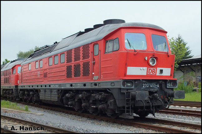 233 451-4 steht mit ihren Schwestermaschinen 233 596-6 und 233 683-2 im Chemnitzer Südbahnhof. Die Maschinen werden wenige Tage später zur z-Stellung ins AW Chemnitz transportiert (24. Mai 2013)