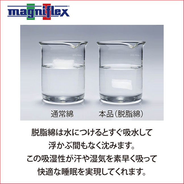 水をすぐ吸収してすぐ沈む この吸湿性が 汗や湿気を素早く吸って、快適な睡眠を実現してくれます。/　ケット＆シーツ　マニフレックス