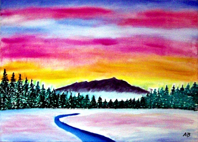 Winterlandschaft-Ölmalerei-Sonnenuntergang-Berge-Nebel-Wald-Bäume-Fluss-Bach-Schnee-Ölbild-Ölgemälde