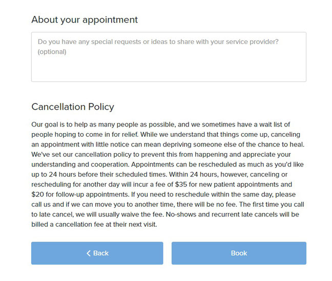 Beachside Community Acupuncture PLLC online scheduler screenshot of appointment details