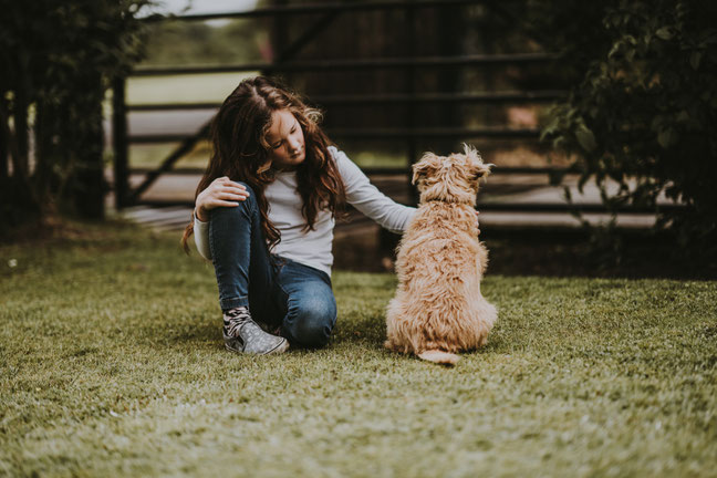 Kind hockt neben Hund und streichelt ihn.