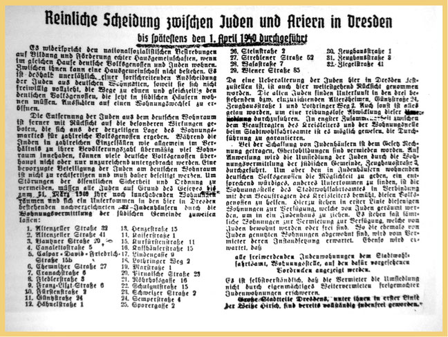 Ein Artikel in der Zeitschrift ‚Grund- und Hauseigentum Sachsen' listet 1940 die für Dresden festgelegten ‚Judenhäuser' auf.