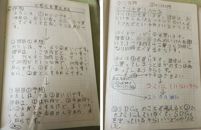 写真2:算数での既習の知識を根拠に②がよいと説明した子の意見を受けて、子どもたちのノートの記述に見られる思考の変容