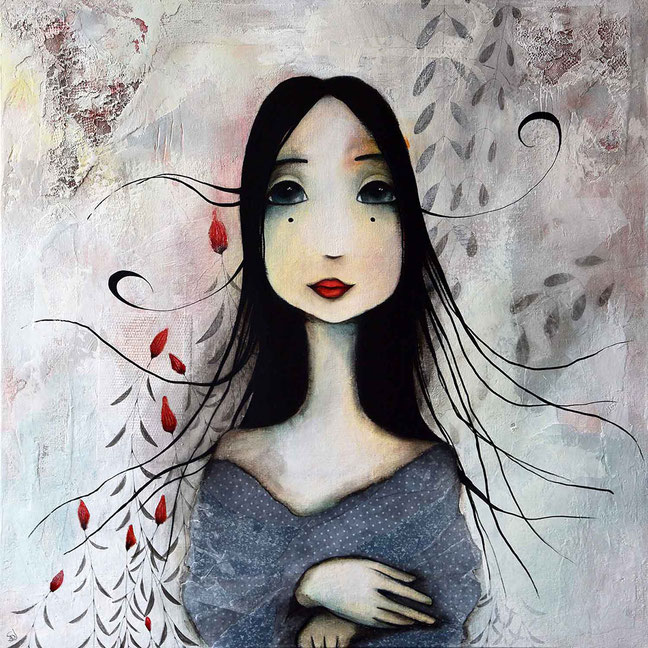 Portrait féminin aux cheveux noirs et feuilles rouges — Peinture originale en techniques mixtes, acrylique et collage — Armandine JS"