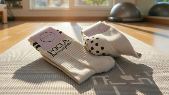 Deelnemers dragen grip sokken met studio-logo tijdens een pilatesles op een mat