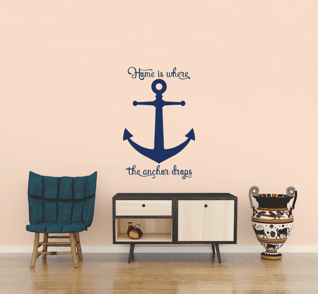 Home is where the anchor drops  sticker in a bathroom creating an sea themed room from www.wallartcompany.co.uk